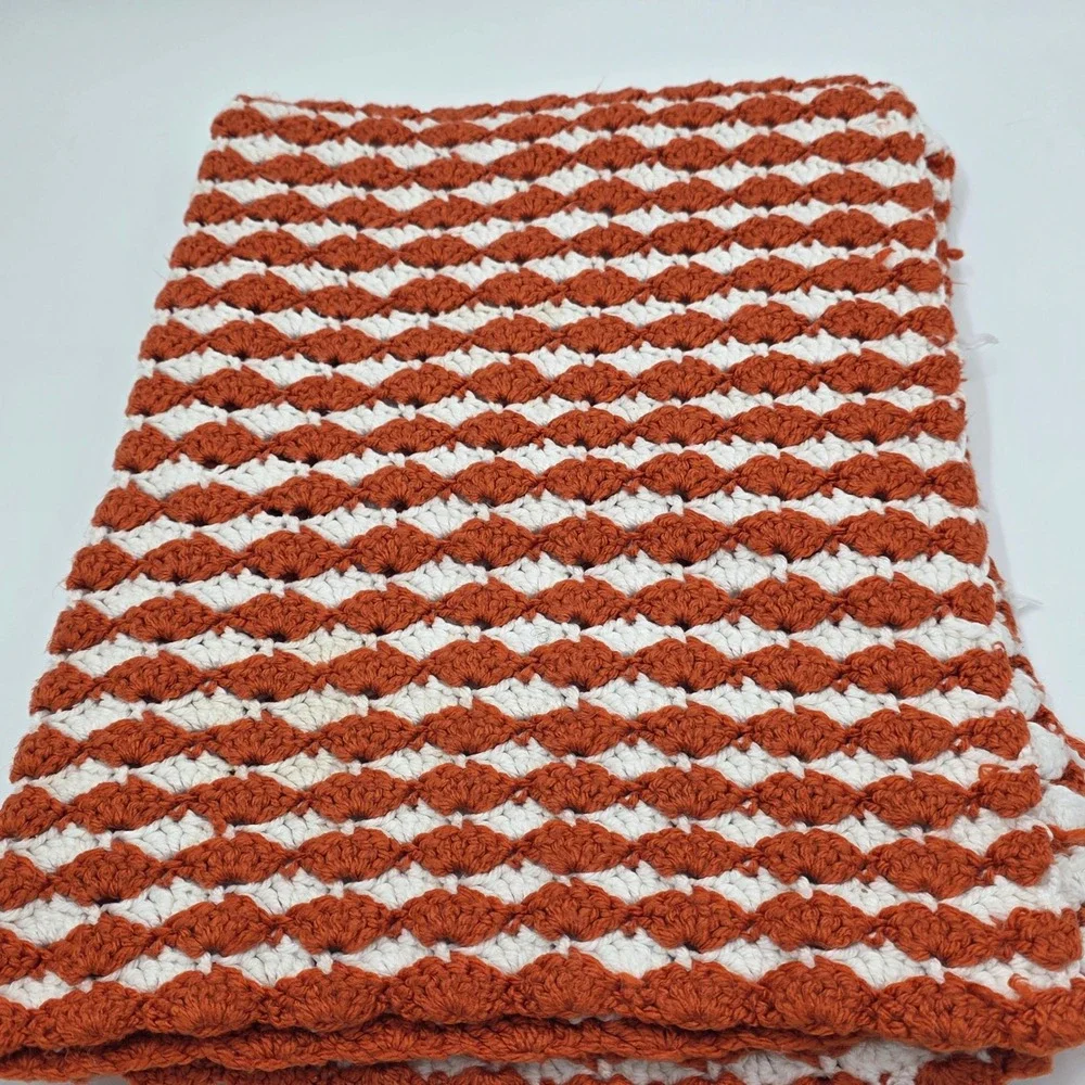 Handmade Crochet Shell Stitch Throw Blanket Burnt Orange White Striped 38x28